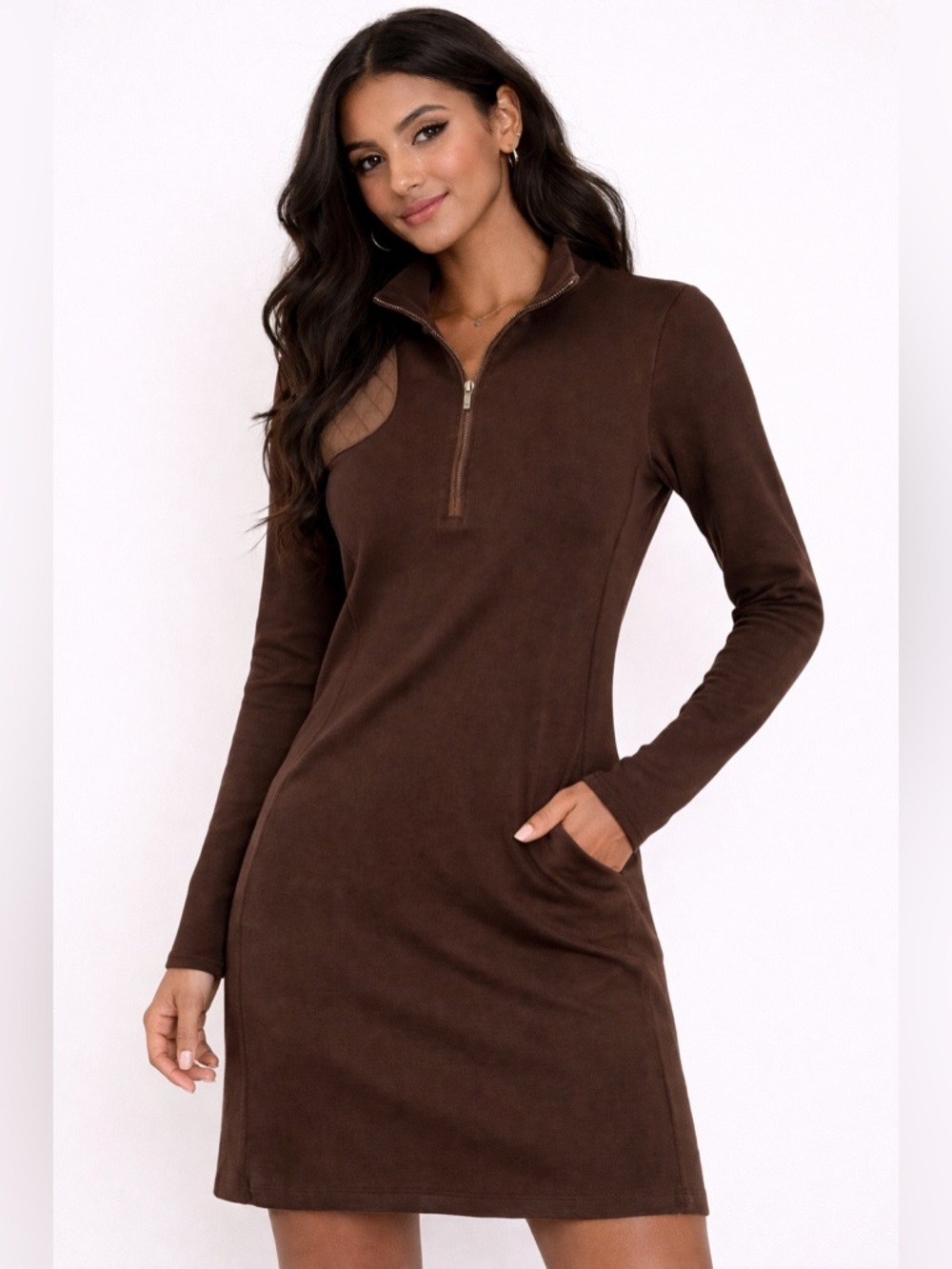 Lauren Ralph Lauren Chocolate Brown Long-Sleeve Zip-Neck Knee Length Dress